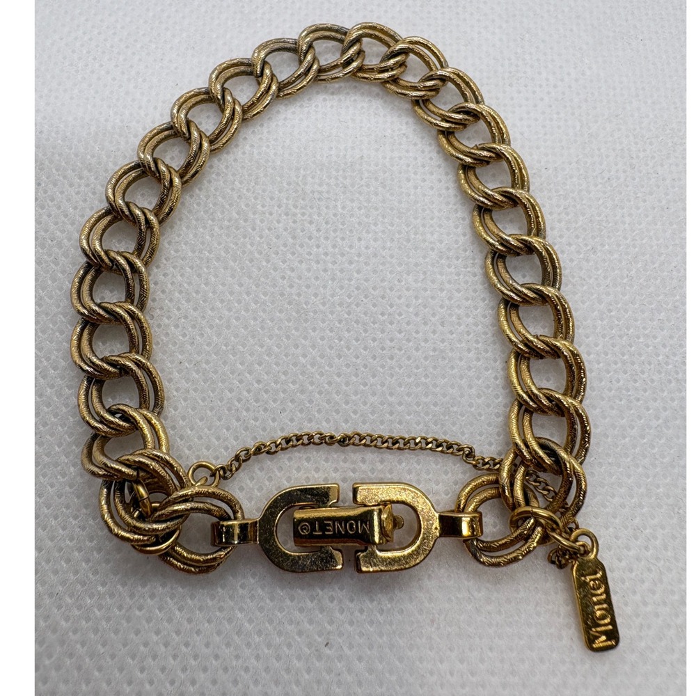 Vintage Monet Gold Tone Double Link Charm Bracelet with Safety Chain - Picture 8 of 8